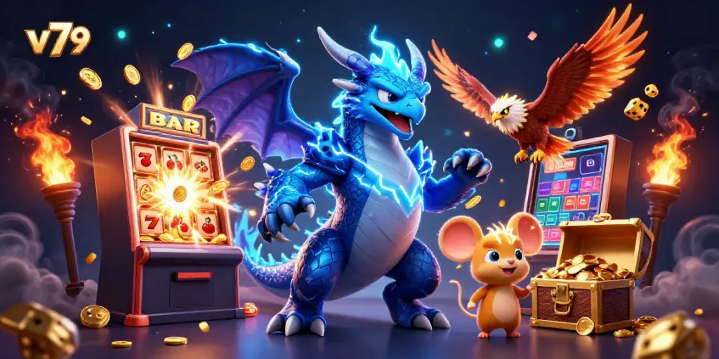 Engage with thrilling casino excitement showcasing v 79 and colorful slot machines in action.