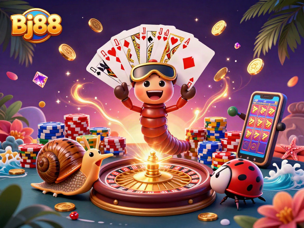 Bj88 casino scene showcasing a millipede dealer, snail high-roller, and excitement with sparkling elements.