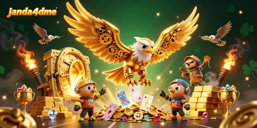 Memenangkan taruhan dengan janda4dme, saat burung elang cybernetik terbang membawa kartu permainan holografik.