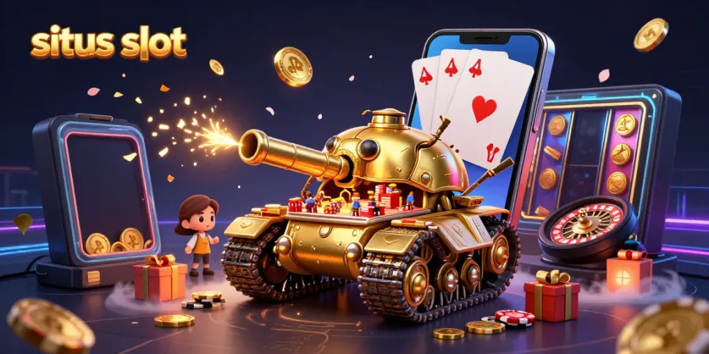 Slot permainan situs slot yang menarik dengan tank emas dan elemen kasino.