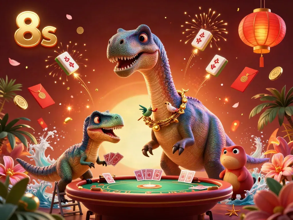 Engage with thrilling 8s casino excitement featuring a brontosaurus and clever raptor in a vibrant gaming scene.