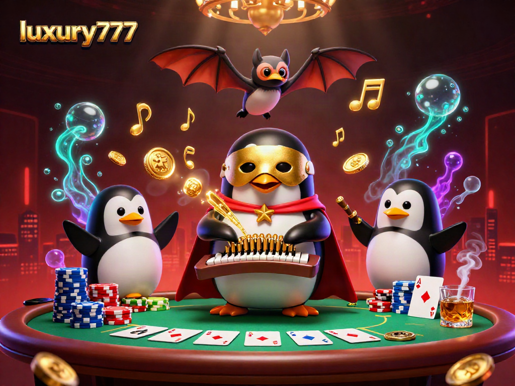 Menangkan permainan poker di luxury777 dengan karakter yang menampilkan penguin opera dan koin emas yang berterbangan.
