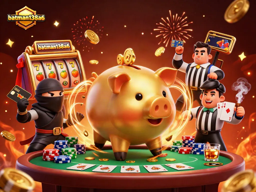 Experience the thrilling action at batman138a6, featuring an enormous golden piggy bank sumo wrestler amidst jackpot excitement.