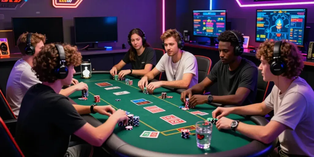 Diverse group of players enjoying an online casino game on EE88's vibrant platform with thrilling elements.