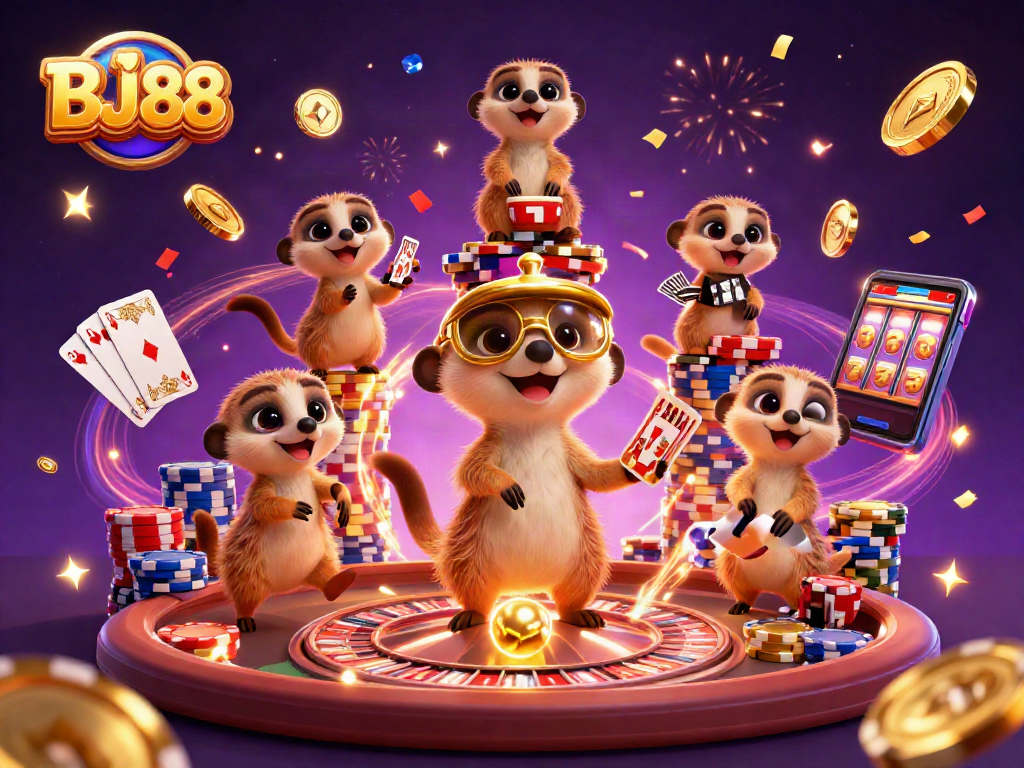 Place bets and win at BJ88 with colorful meerkats in a vibrant casino scene.