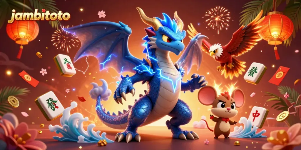 Engage with jambitoto through an exciting 3D illustration of a thunder dragon, hawk, and mouse mascot amid festive casino elements.