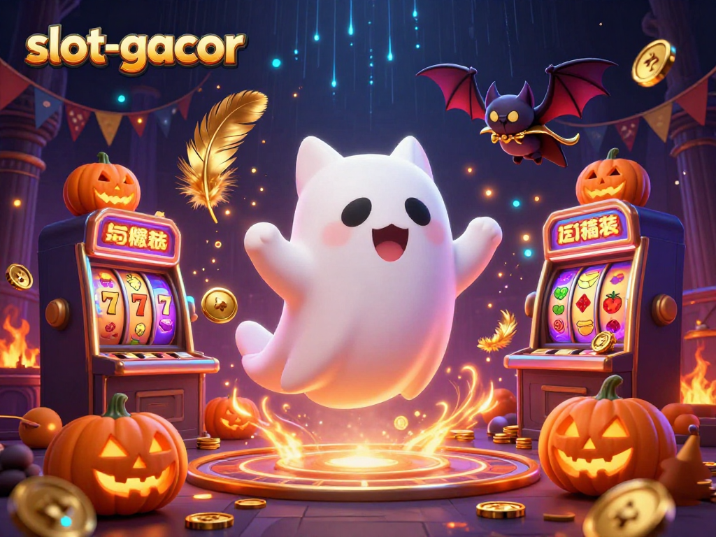 Engage with thrilling slot-gacor adventures featuring a ghostly cat and bat in a vibrant casino.