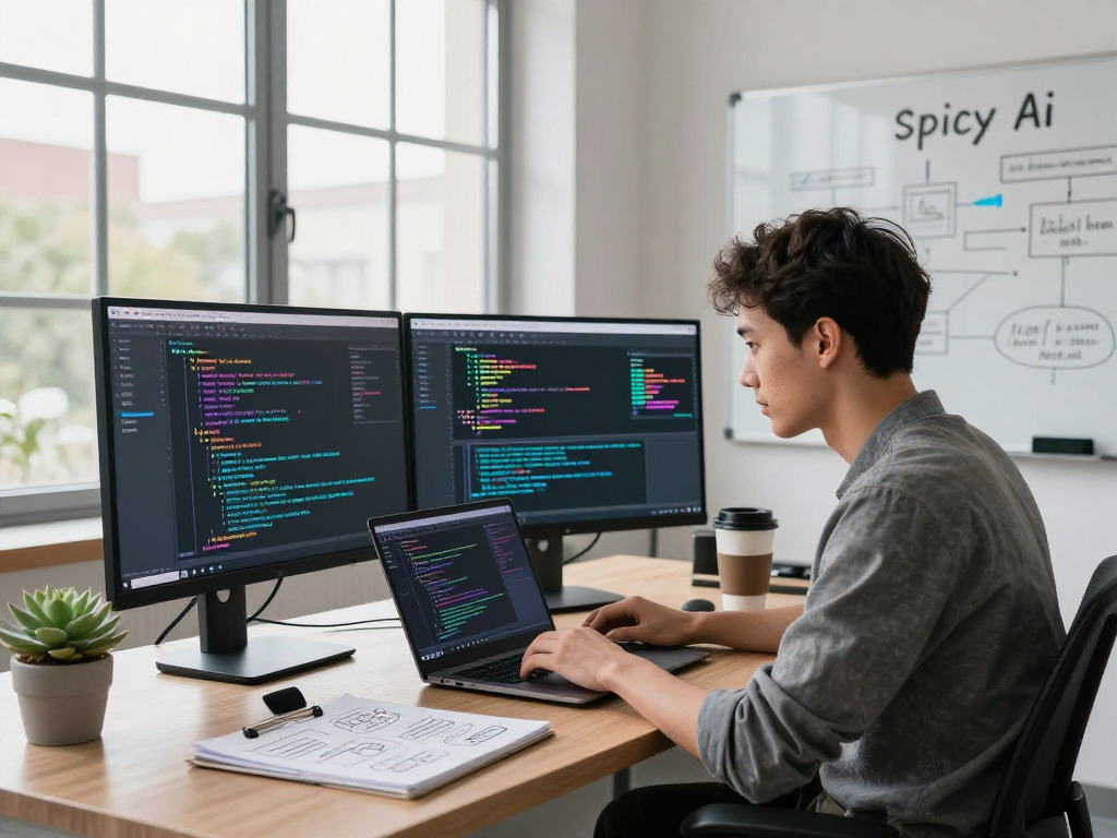 Dynamic workspace showcasing a software engineer coding innovative spicy ai applications with vibrant monitors and natural light.