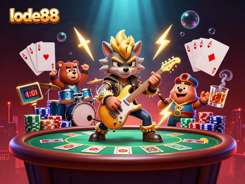 Experience thrilling gameplay with lode88 as a wolf rock star and bear drummer illuminate the casino stage.