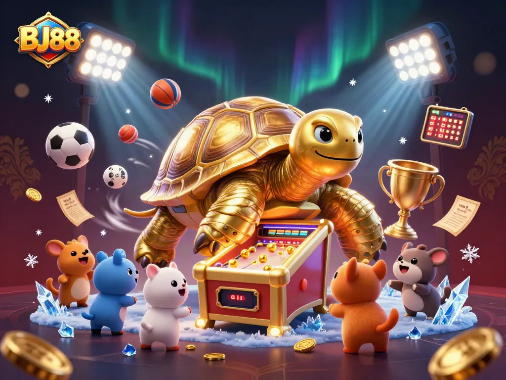 BJ88 offers an exciting array of games, showcasing a vibrant 3D casino scene featuring playful tortoises and sports elements.