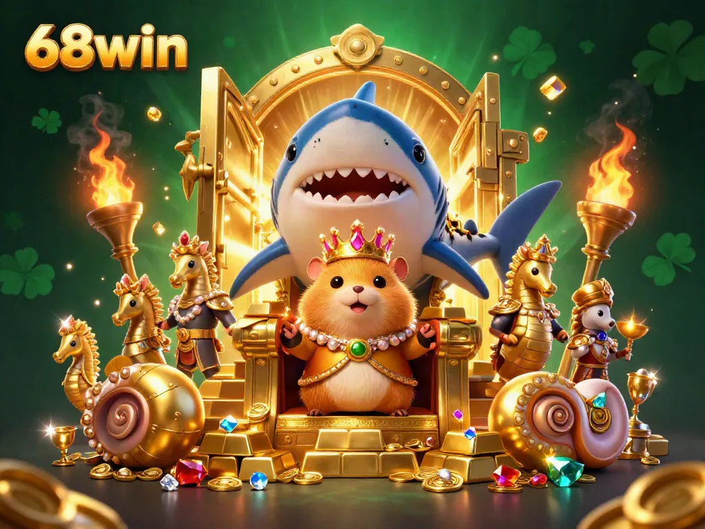 Experience the magical world of 68win with a golden hamster king on a megalodon throne surrounded by treasure.