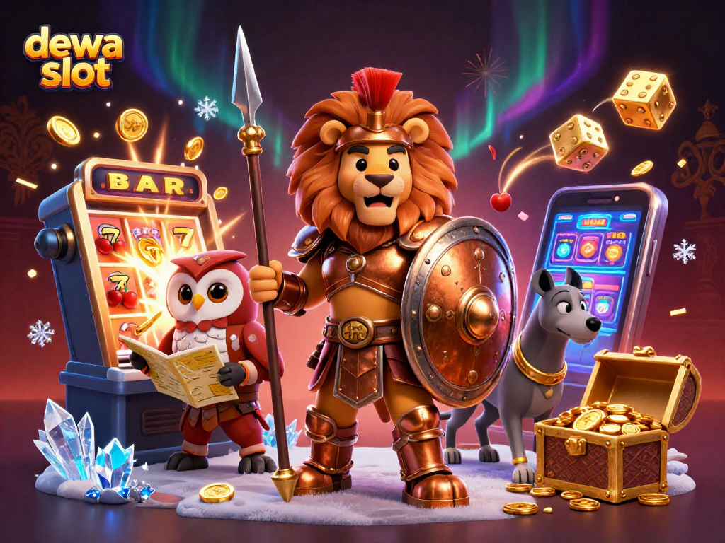 Menggambar dewa slot dengan berbagai simbol keberuntungan dan petualangan jackpot dalam permainan kasino.