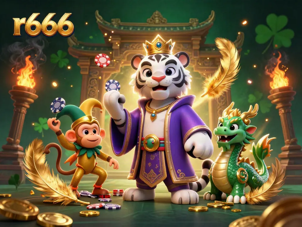 Experience exhilarating gameplay with r666 featuring a majestic white tiger, playful monkey, and mystical jade dragon in casino atmosphere.