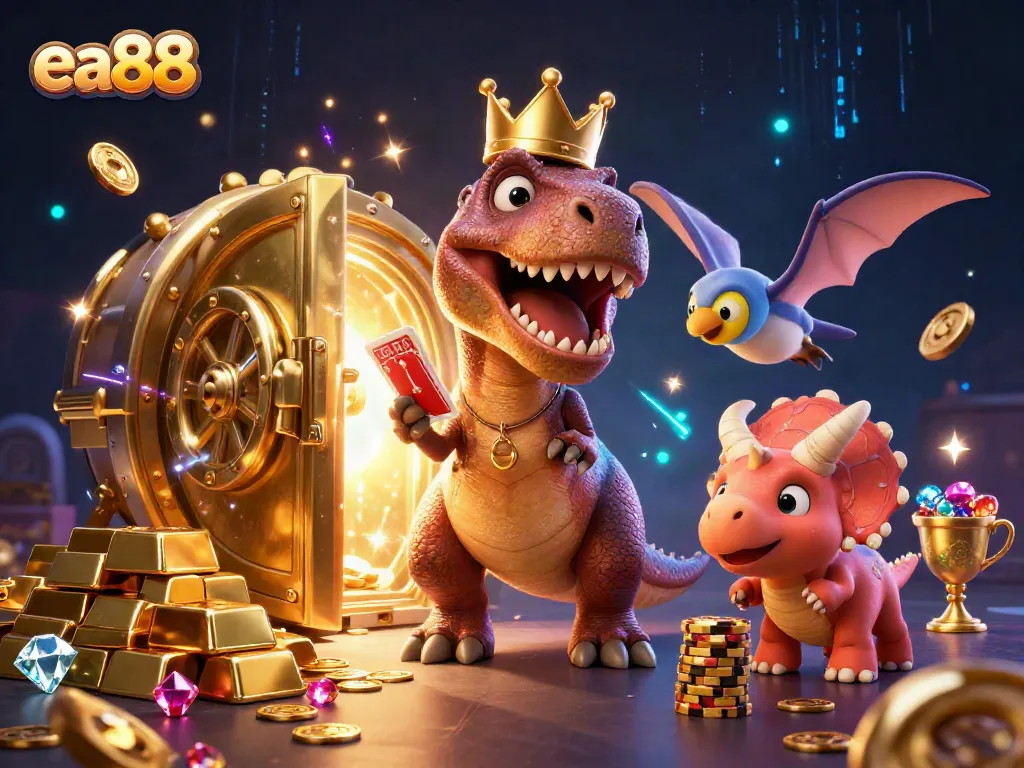ea88 brings action and excitement with T-Rex shuffling cards in a vivid casino scene.