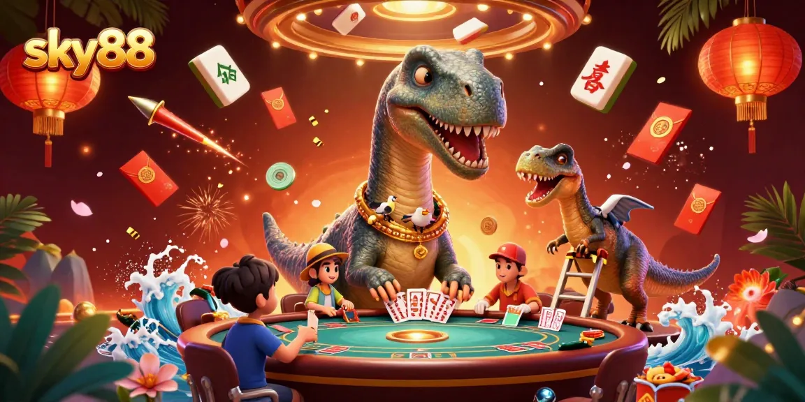 Experience thrilling gameplay at sky88 with an interactive casino scene featuring a lively brontosaurus and clever raptor.