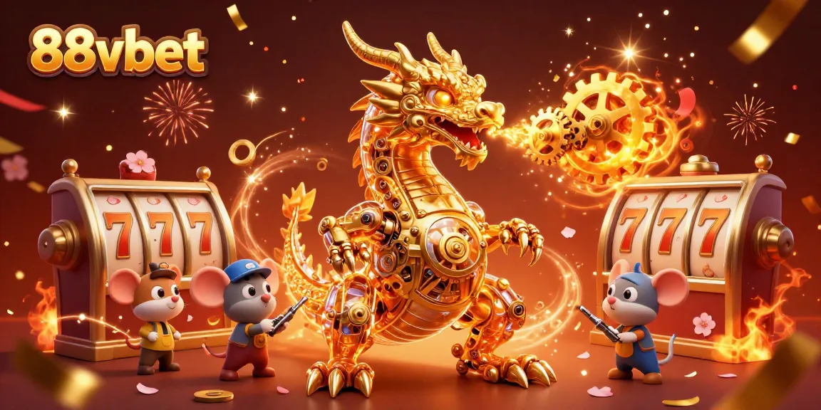 Engage with the excitement of 88vbet as a golden dragon breathes gears in a vibrant casino scene.