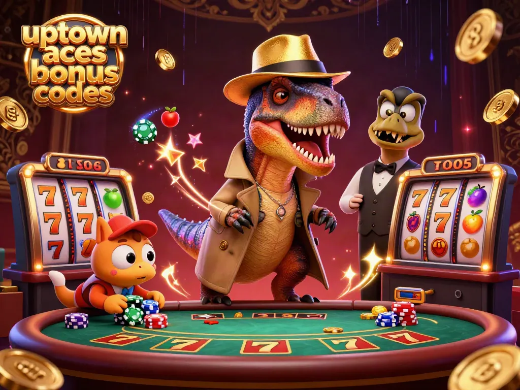 Win big with uptown aces bonus codes at a vibrant casino scene featuring cartoon characters.