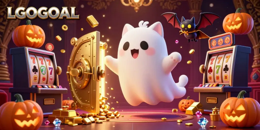 Engage in thrilling gameplay with LGOGOAL as a friendly ghost cat navigates a haunted casino filled with treasures and winning slots.
