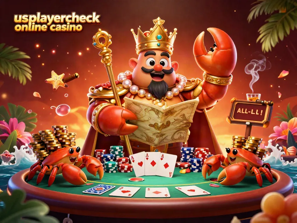 Experience thrilling action at the usplayercheck online casino with a golden crab emperor overseeing a vibrant poker scene.