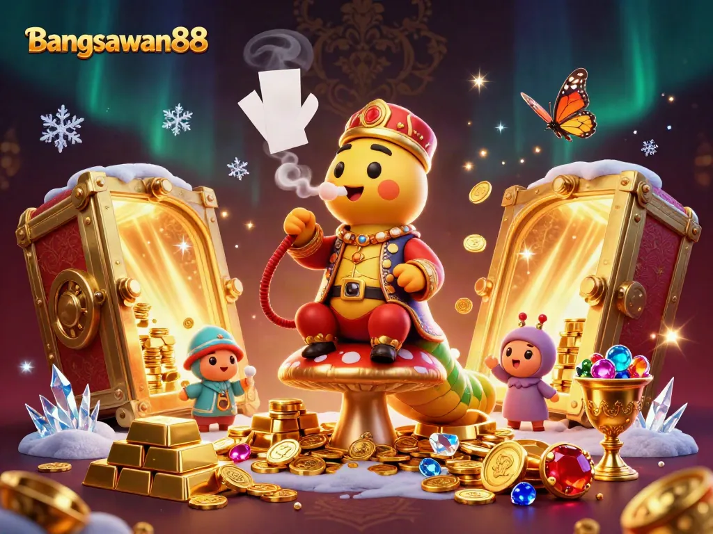 Engage with Bangsawan88's vibrant 3D casino scene featuring unique characters and golden treasures.
