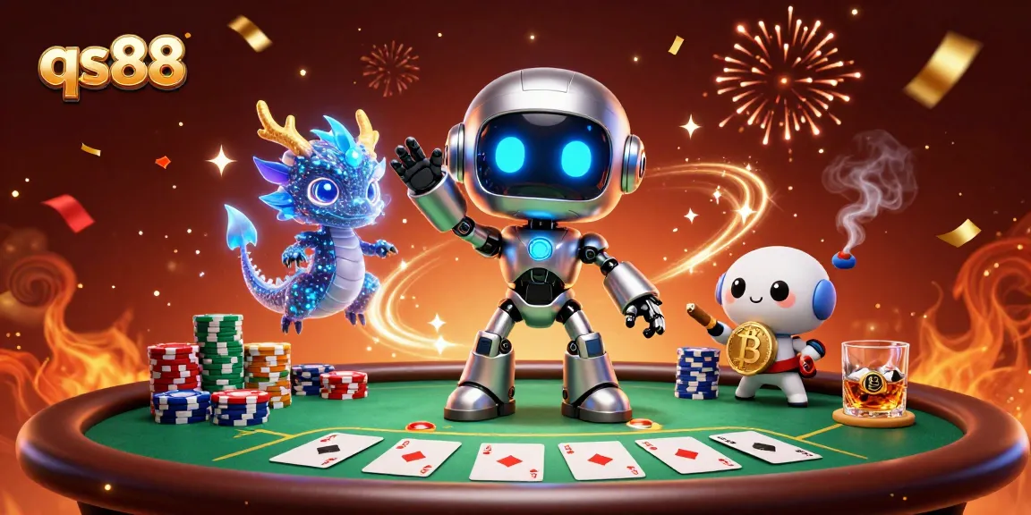 Engage with qs88's thrilling 3D gaming scene featuring a robotic character, poker elements, and festive decorations.