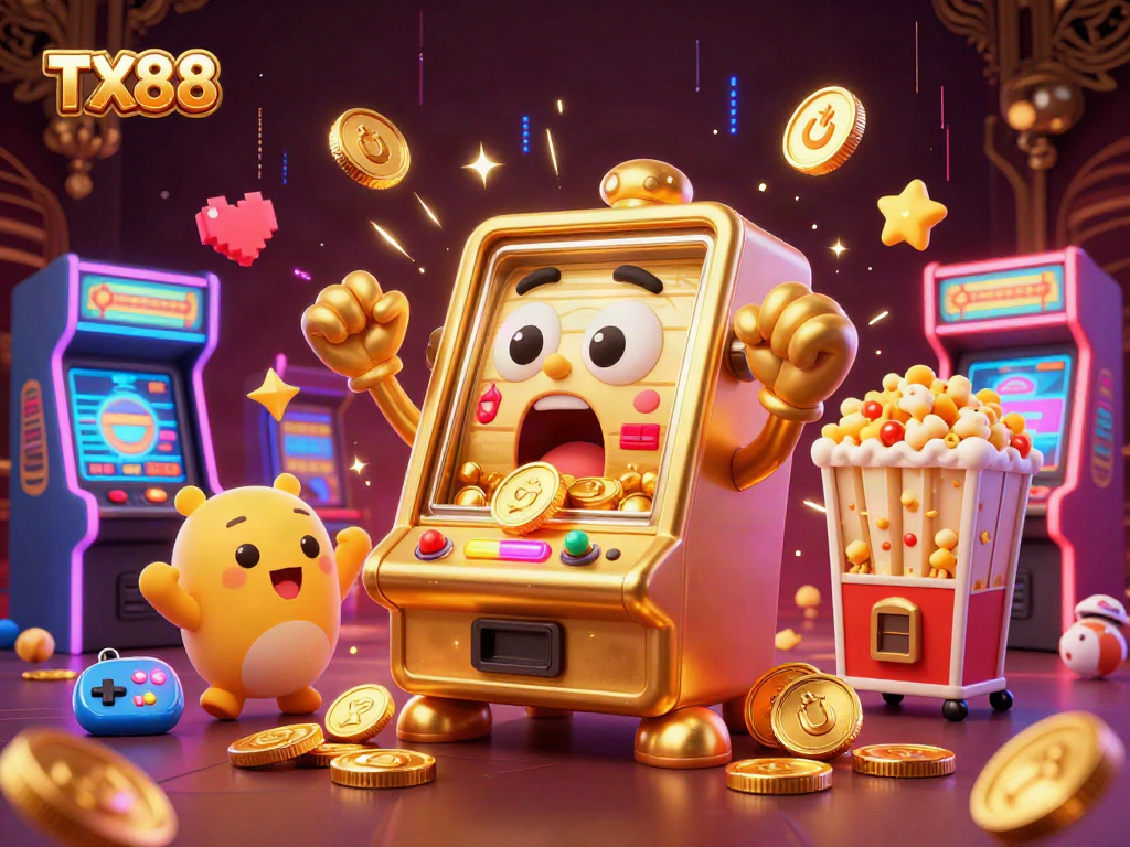 Experience the excitement of TX88 as the golden slot machine wins a jackpot, surrounded by cheering companions.