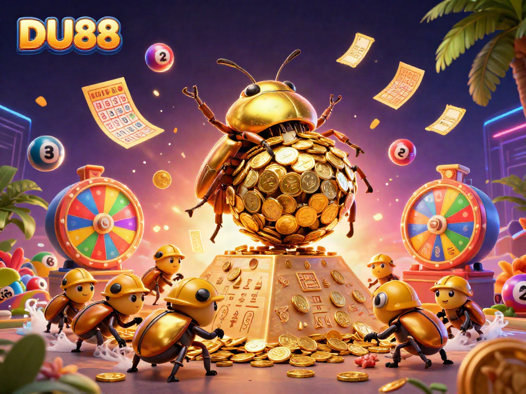 Engage with the exciting world of DU88 gaming illustrated by dynamic beetles amidst vibrant casino elements.