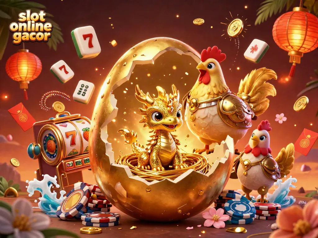 Experience slot online gacor with a dynamic 3D illustration featuring golden dragon and casino elements.