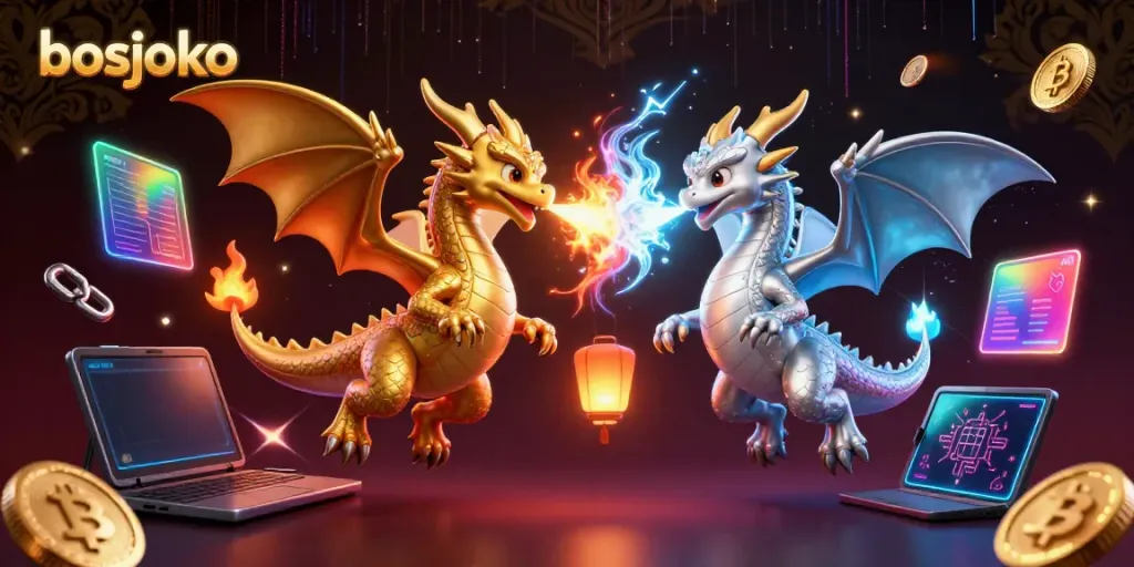 Experience thrilling action with bosjoko's dragon characters in an immersive 3D fantasy illustration.