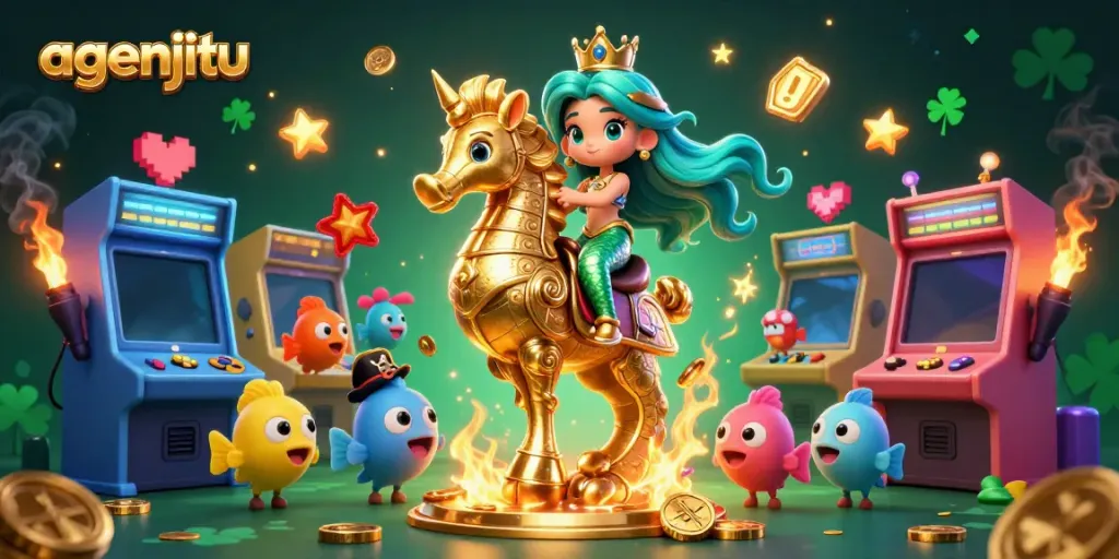 Gambar ilustrasi 3D agenjitu dengan putri duyung, kuda laut, dan elemen permainan kasino.
