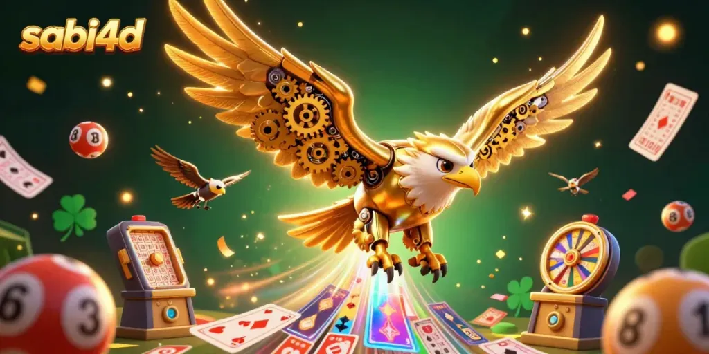 Experience the thrill of sabi4d with a cybernetic eagle amidst holographic lottery elements.