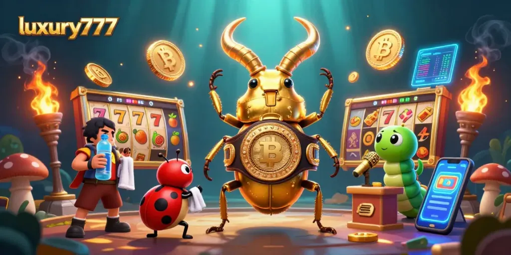 Engage in thrilling slots action with luxury777 as vibrant symbols surround playful characters.