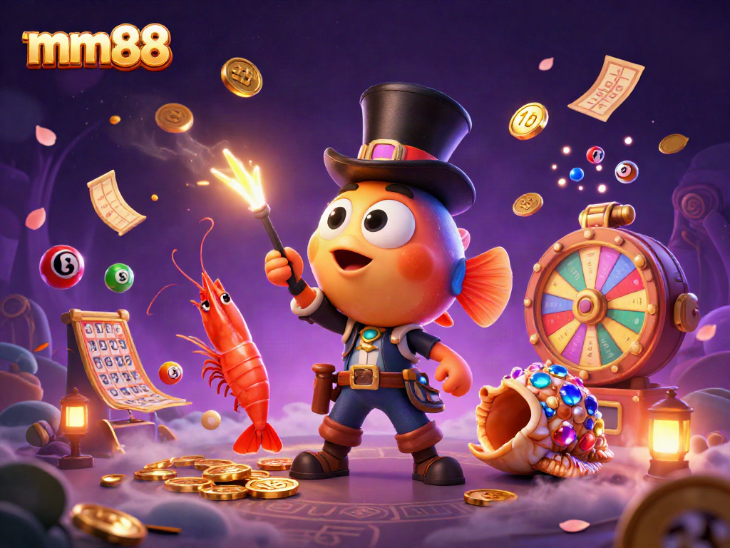 Feeling the thrill of mm88 as the anglerfish reels in golden coins surrounded by vibrant lottery elements.