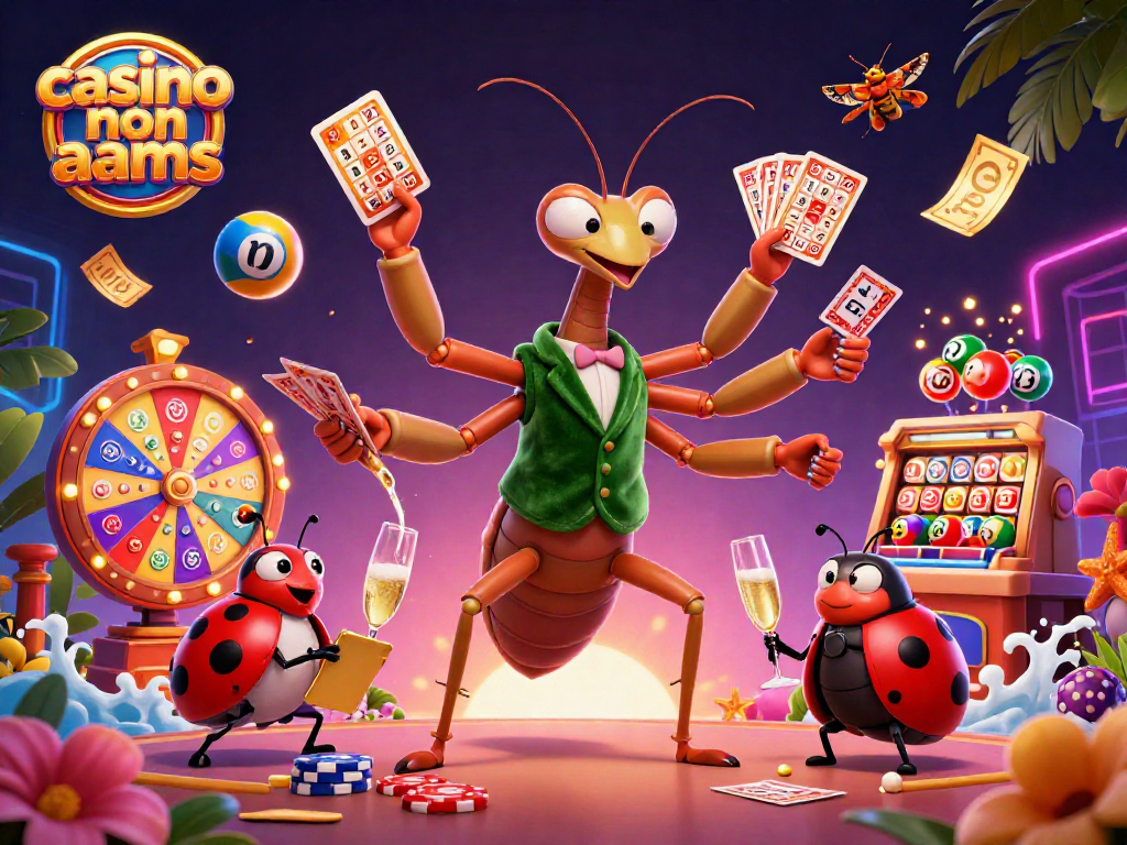 Cattura dell'azione al casino non aams con un cameriere mantide gigante e un boss coccinella, circondati da palline della lotteria colorate.