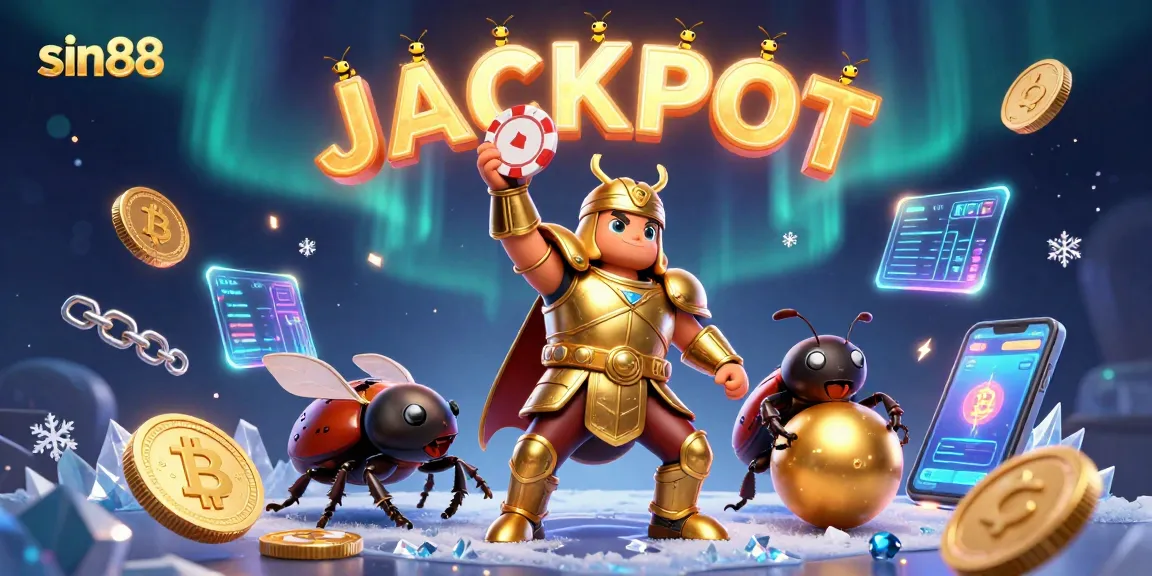 Experience thrilling gambling action with sin88, featuring a victorious beetle hero and glowing crypto elements.
