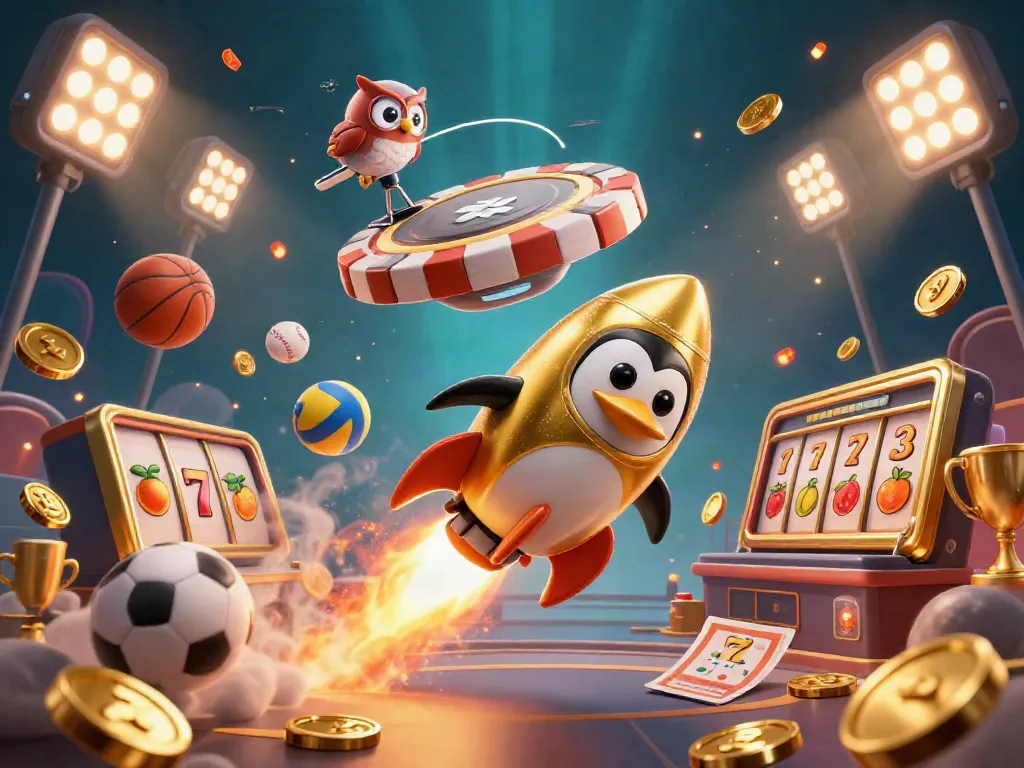 Experience thrilling gameplay with slot server thailand, featuring a cartoon penguin in a dynamic casino space.