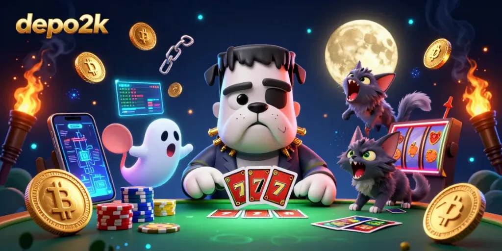 Play exciting card games in a vibrant casino scene featuring depo2k and lively characters.