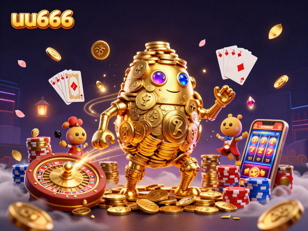 Experience the excitement at uu666 with ancient golden golem and vibrant casino elements.