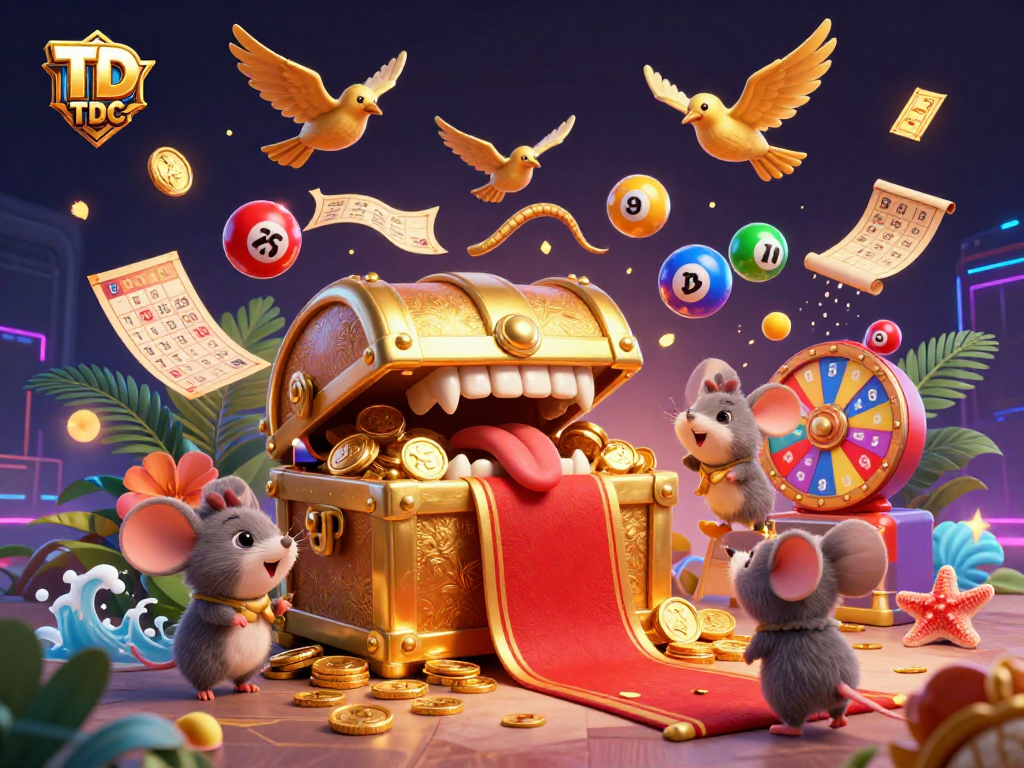 Engage with TDTC's thrilling gaming scene, featuring vibrant lottery elements and a treasure chest.