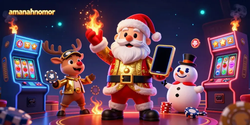 Raih keseruan bermain di amanahnomor dengan ilustrasi Santa Claus dan mesin slot berkilauan.