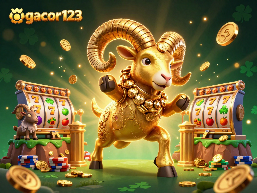 Claim exciting bonuses and rewards with gacor123 in this engaging casino scene featuring slot reels and coins.
