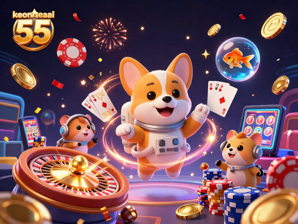 Experience keonhacai 55 thrilling gameplay with a floating corgi and cosmic casino chaos.