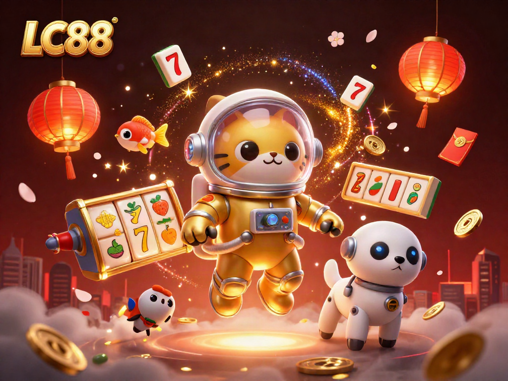 LC88 gaming illustration featuring a space cat and robot dog amidst slot reels and colorful symbols