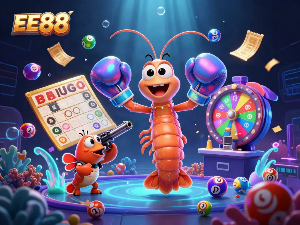Experience thrilling gaming at EE88 with vibrant lottery balls and 3D animated characters in an exciting casino scene.