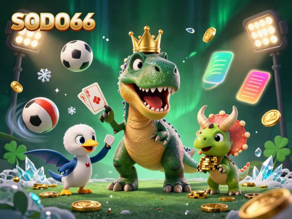 SODO66's vibrant 3D casino scene features a T-Rex dealing cards, showcasing excitement in gaming.