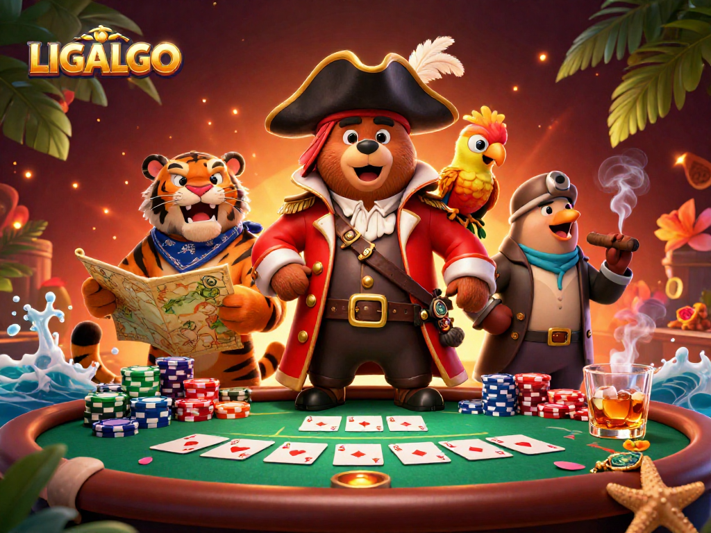 LIGALGO showcases an adventurous pirate bear alongside a tiger and parrot, surrounded by a lively poker scene.