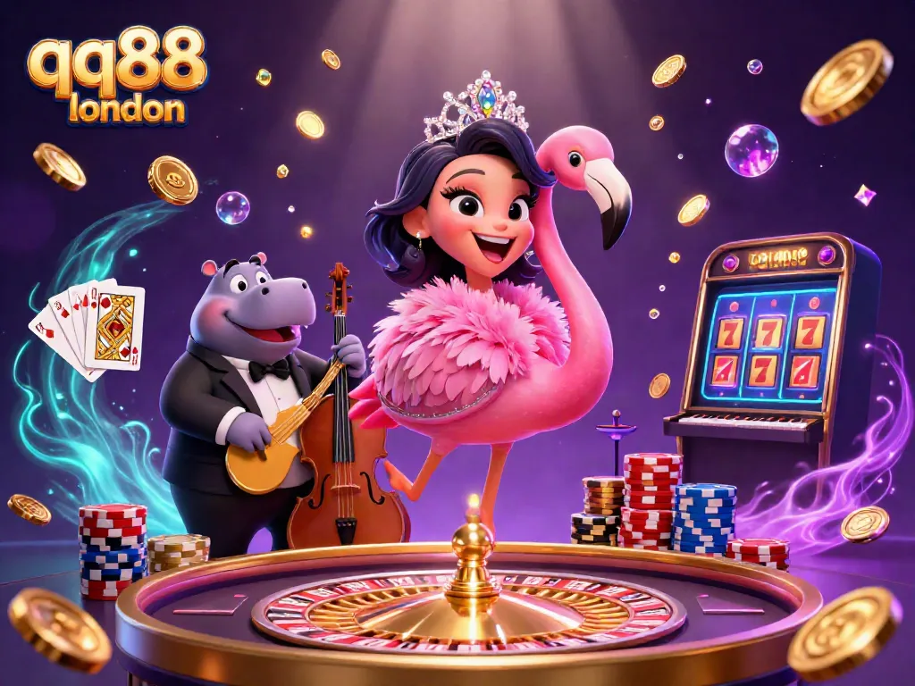 Experience the vibrant gaming atmosphere at qq88 london with dynamic casino elements and colorful characters.