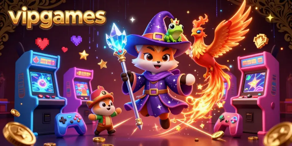 Win big with vipgames as a mystical wizard fox and phoenix interact in a vibrant gaming world.
