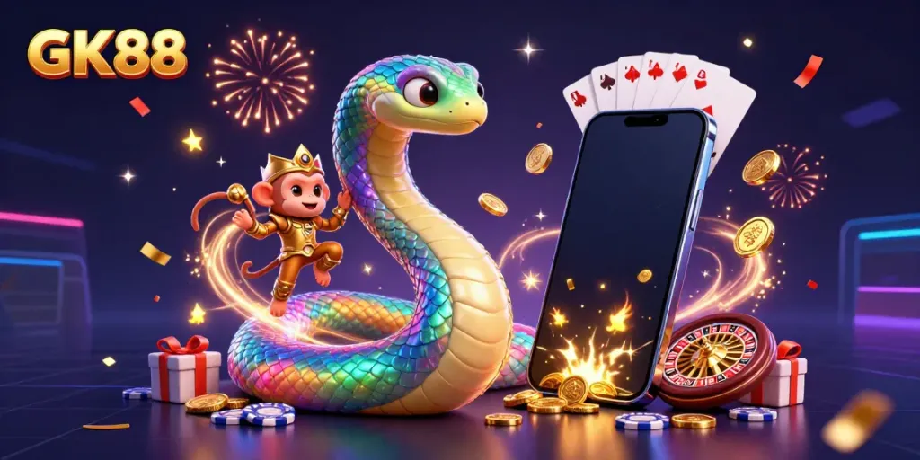 Experience GK88's vibrant gaming world with a rainbow serpent and golden monkey king in a dynamic casino scene.