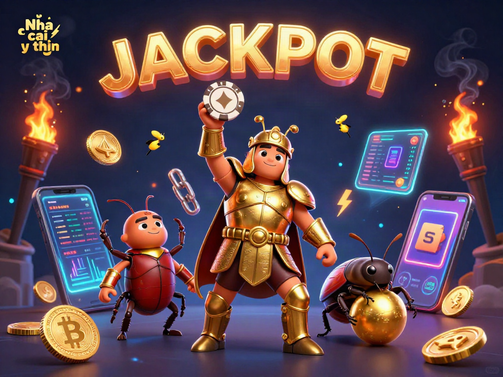 Nha cai uy tin character lifting poker chip celebrates a jackpot in a dynamic casino scene.